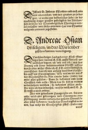 D. Andreae Osiandri seligen/ in das Wirtenbergissche erkantnus/ verwilligung.