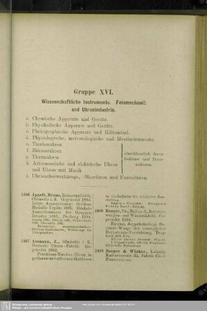 Gruppe XVI. Wissenschaftliche Instrumente. Feinmechanik und Uhrenindustrie