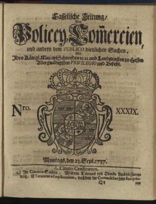 Nro. XXXIX, Montags, den 23. Sept. 1737