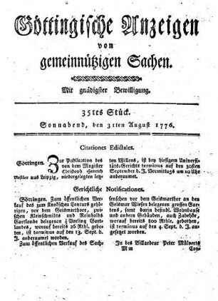 35tes Stück. Sonnabend, den 31ten August 1776.