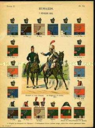 Uniformdarstellung, Husaren, Detailstudien von Kopfbedeckungen und Abzeichen verschiedener Husaren-Regimenter, Erstes Kaiserreich Frankreich, 1811/1813.