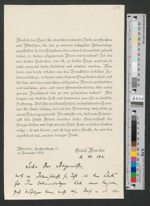 Danksagung mit eigenhändigen Zeilen an Werner von Melle