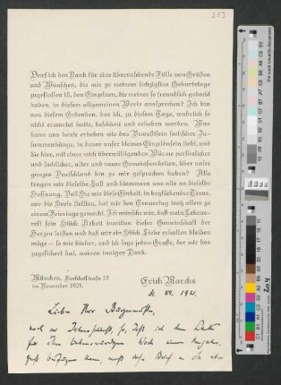 Danksagung mit eigenhändigen Zeilen an Werner von Melle