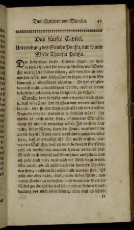 Das fünfte Capitel. Unterredung des Sancho Panßa, mit seinem Weibe Theresia Panßa.