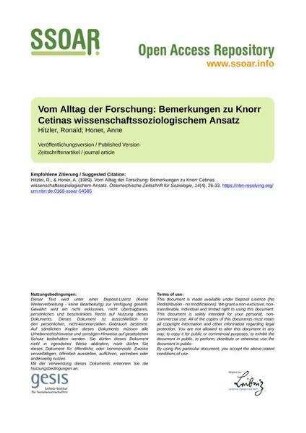 Vom Alltag der Forschung: Bemerkungen zu Knorr Cetinas wissenschaftssoziologischem Ansatz