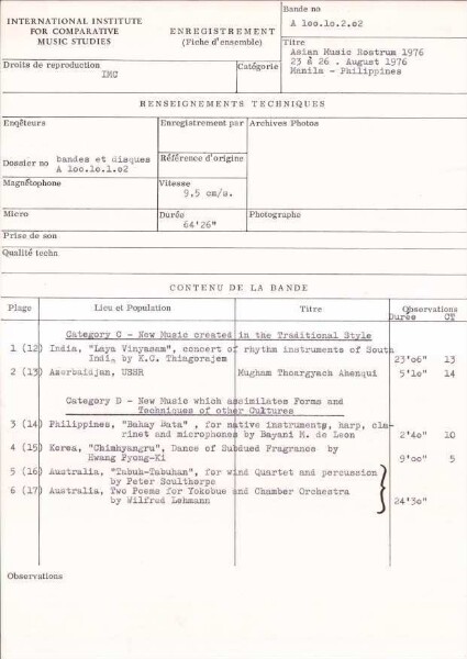 Asian Music Rostrum 1976 / 23 à 26 August 1976 / Manila - Philippines