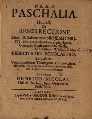 Paschalia, h. e., de resurrectione Jesu Christi