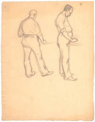 Figurenstudie Erich Kleinhempel (?) : Ein Mann rückwärtig, ein Mann seitlich an einem Tisch arbeitend dargestellt