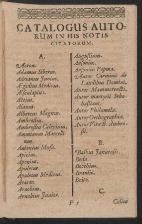 Catalogus Autorum In His Notis Citatorum.