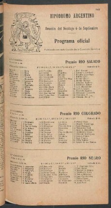 Hipódromo Argentino - Reunión del Domingo 6 de Septiembre [de 1908] - Programa oficial