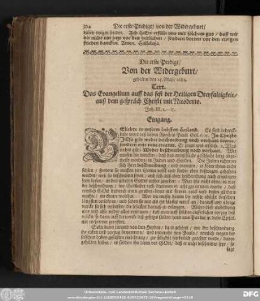 Die erste Predigt/ Von der Widergeburt/ gehalten den 25. Maji/ 1684.