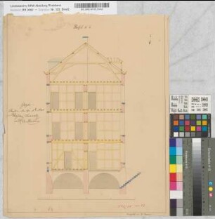 [Entwurf eines Wohngebäudes.] Vorderansicht, Grundrisse und Schnitte z.T. kolorierte Probezeichnungen von W. Hansen, Aachen