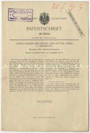 Patentschrift einer Bremse für Feldbahnwagen, Patent-Nr. 38856
