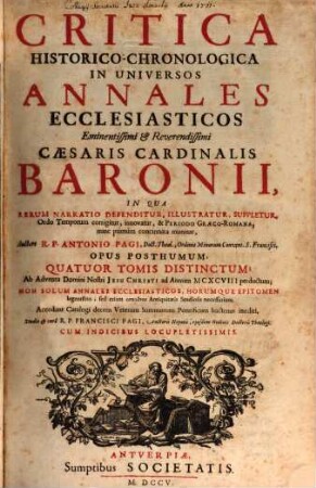 Critica historico-chronologica in universos Annales ecclesiasticos Cardin. Baronii. 1