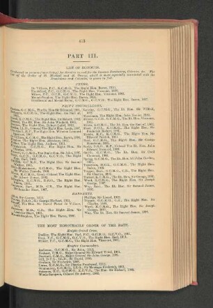 1. Honours granted for Services in and for the Dominion and Colonies