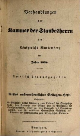Verhandlungen der Württembergischen Kammer der Standesherren auf dem ... ordentlichen Landtage. 1838,Beil.