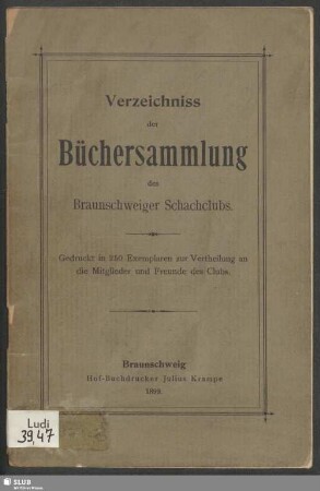 Verzeichniss der Büchersammlung des Braunschweiger Schachclubs