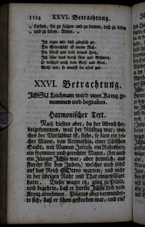 XXVI. Betrachtung. Jesu Leichnam wird vom Kreuz genommen und begraben.