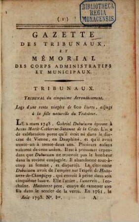 Gazette des tribunaux et mémorial des corps administratifs et municipaux, 8. 1793, 18. Aug. - 18. Nov.