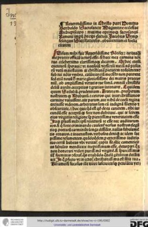 Reverendissimo in Christo patri domino Bertholdo, sacrosancte Maguntine ecclesie archiepiscopo... Jacobus Vympfelingus Slettstattensis, obedientiam et foelicitatem.