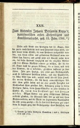 XXII. Zum Andenken Johann Benjamin Koppe´s, hannöverischen ersten Hofpredigers und Konsistorialraths ...