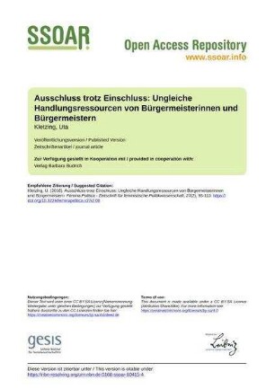 Ausschluss trotz Einschluss: Ungleiche Handlungsressourcen von Bürgermeisterinnen und Bürgermeistern