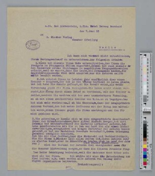 Brief an den S. Fischer-Verlag, Theaterabteilung