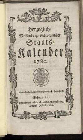 1780: Herzoglich-Mecklenburg-Schwerinscher Staats-Kalender 1780.