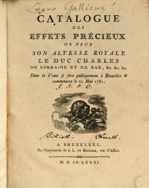 Catalogue des Éffets précieux de feu S. A. R. le Duc Charl. de Lorraine