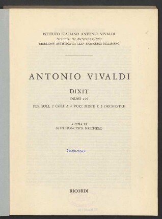 Dixit : Salmo 109 : per soli, 2 cori a 4 voci miste e 2 orchestre
