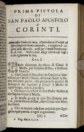 Prima Pistola Di San Paolo Apostolo A' Corinti.