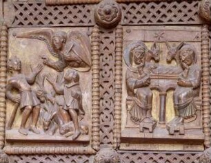 Kapitolstüren mit Darstellungen aus dem Leben Christi — Linker Türflügel mit Darstellungen aus der Jugendgeschichte Christi — Die Verkündigung an die Hirten; die Geburt Christi