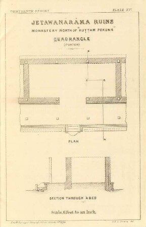 Plate XVI. Jêtawanârâma ruins. Monastery north of "Kuttam Pokuna". Quadrangle (portion). Plan. Front elevation. Section through A. B. C. D.
