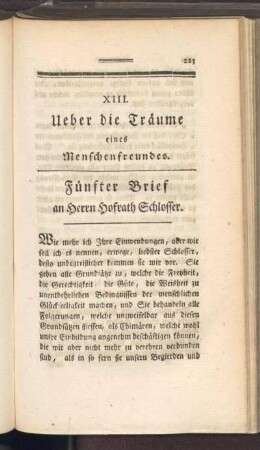 XIII. Ueber die Träume eines Menschenfreundes : Fünfter Brief an Herrn Hofrath Schlosser
