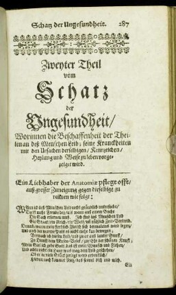 Zweyter Theil [...] Worinnen die Beschaffenheit der Theilen an deß Menschen Leib [...] vorgezeiget wird.