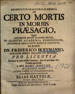 Dissertatio Inauguralis Medica De Certo Mortis In Morbis Praesagio