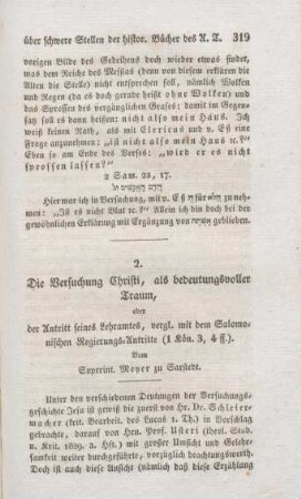 319-326 Die Versuchung Christi, als bedeutungsvoller Traum, oder der Antritt seines Lehramtes, vergl. mit dem Salomonischen Regierungs-Antritte (1. Kön. 3,4ff)