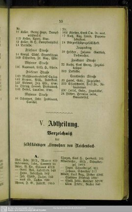 V. Einwohnerverzeichnis : V. Abtheilung. Verzeichniß der selbstständigen Einwohner von Reichenbach
