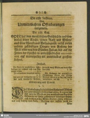Die erste Section. Von Unmittelbahren Offenbarungen insgemein