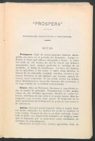 "Prospera" : Personajes, caracteres y propósitos. - Notas