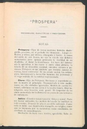 "Prospera" : Personajes, caracteres y propósitos. - Notas