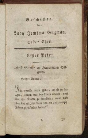 Erster Brief. Obrist Belville an Hauptmann Hillgrove. - Achter Brief. Sir John Dudley an Sir Carl Wilmot.