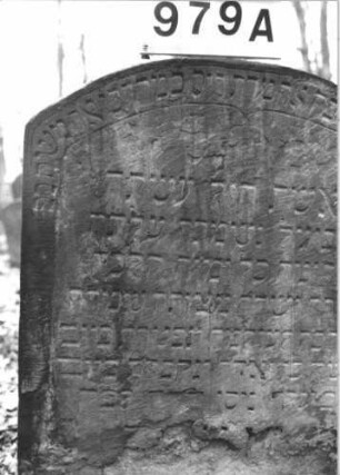 Grabstein 979 (Index: 99899525) Material: Sandstein Zustand: unten stark verwittert Maße HxBxT: 92x70x8 cm Beschreibung: Stele mit Segmentbogenabschluss: Grabstein 979A