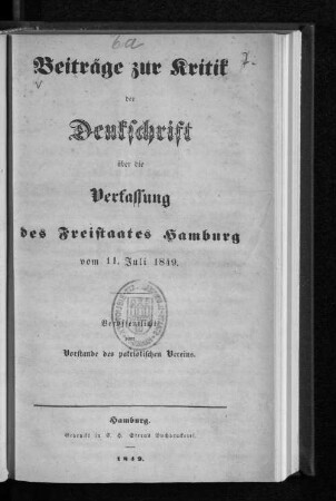 Beiträge zur Kritik der Denkschrift über die Verfassung des Freistaates Hamburg vom 11. Juli 1849