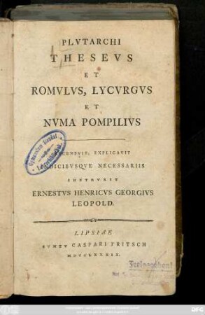 Plvtarchi Thesevs Et Romvlvs, Lycvrgvs Et Nvma Pompilivs