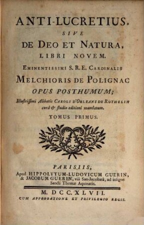 Anti-Lucretius sive de Deo et Natura : Libri Novem. 1