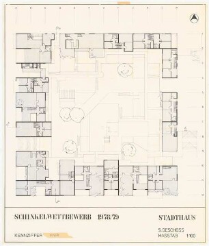 »Das Stadthaus« für die IBA an der Kochstraße, Berlin-Kreuzberg Schinkelwettbewerb 1979: Grundriss 5.OG 1:100