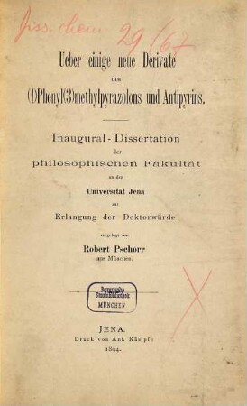 Ueber einige neue Derivate des '(1)' Phenyl '(3)' methylpyrazolons und Antipyrins ...