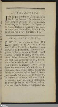 Approbation. Privilege Du Rai