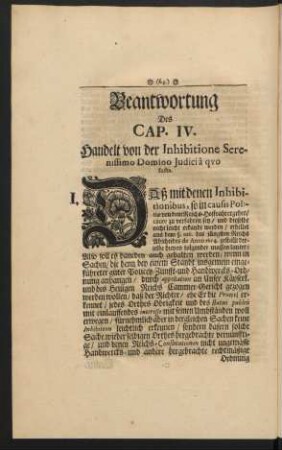 Beantwortung Des Cap. IV. Handelt von der Inhibitione Serenissimo Domino Judiciâ quo facta